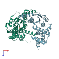 PDB entry 3dpi coloured by chain, top view.