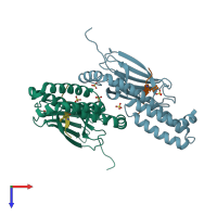 PDB entry 3dpo coloured by chain, top view.