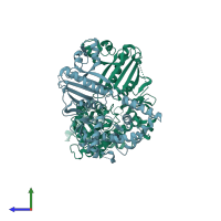 PDB entry 3dpu coloured by chain, side view.