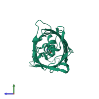 PDB entry 3dq5 coloured by chain, side view.