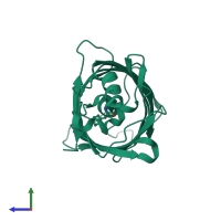 PDB entry 3dq6 coloured by chain, side view.
