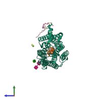 PDB entry 3dqb coloured by chain, side view.
