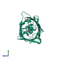 PDB entry 3dqd coloured by chain, side view.