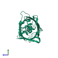 PDB entry 3dqj coloured by chain, side view.