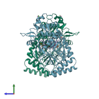 PDB entry 3dqt coloured by chain, side view.
