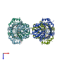 PDB entry 3dr4 coloured by chain, top view.