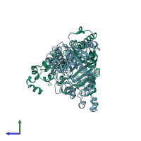 PDB entry 3dre coloured by chain, side view.