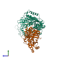 Hetero dimeric assembly 1 of PDB entry 3drs coloured by chemically distinct molecules, side view.