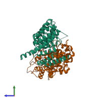 PDB entry 3dst coloured by chain, side view.