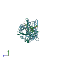 PDB entry 3dsz coloured by chain, side view.