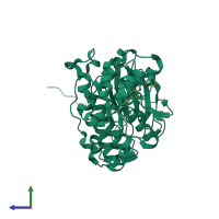 PDB entry 3dt1 coloured by chain, side view.