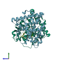 PDB entry 3dt3 coloured by chain, side view.