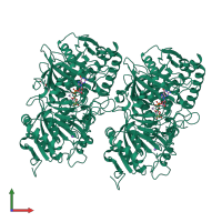 Homo dimeric assembly 3 of PDB entry 3dt4 coloured by chemically distinct molecules, front view.