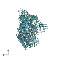 PDB entry 3dt7 coloured by chain, side view.