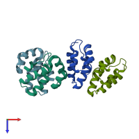 PDB entry 3dtj coloured by chain, top view.