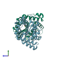 PDB entry 3dtn coloured by chain, side view.