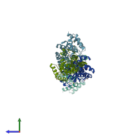 PDB entry 3dto coloured by chain, side view.