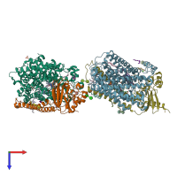 PDB entry 3dtu coloured by chain, top view.