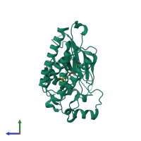 Monomeric assembly 1 of PDB entry 3dtw coloured by chemically distinct molecules, side view.