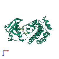 Monomeric assembly 2 of PDB entry 3dtw coloured by chemically distinct molecules, top view.