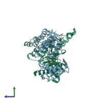 PDB entry 3dtw coloured by chain, side view.