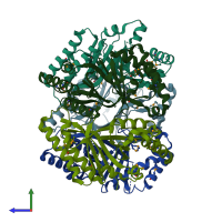 PDB 3dtz coloured by chain and viewed from the side.