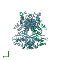 PDB entry 3du6 coloured by chain, side view.