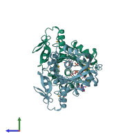 PDB entry 3dup coloured by chain, side view.