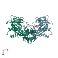 PDB entry 3dup coloured by chain, top view.