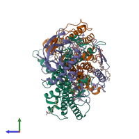 PDB entry 3duq coloured by chain, side view.