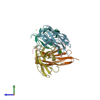PDB entry 3dus coloured by chain, side view.
