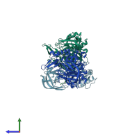 PDB entry 3dv1 coloured by chain, side view.
