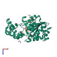 PDB entry 3dv9 coloured by chain, top view.
