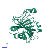 PDB entry 3dvb coloured by chain, side view.