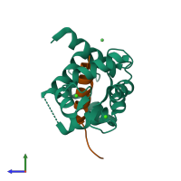 PDB entry 3dve coloured by chain, side view.