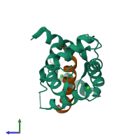 PDB entry 3dvk coloured by chain, side view.