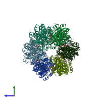 PDB entry 3dvl coloured by chain, side view.
