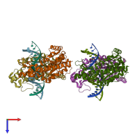 PDB entry 3dvo coloured by chain, top view.