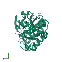 PDB entry 3dvq coloured by chain, side view.