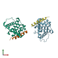 PDB entry 3dvu coloured by chain, front view.