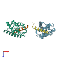 PDB entry 3dvu coloured by chain, top view.