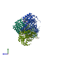 PDB entry 3dwf coloured by chain, side view.