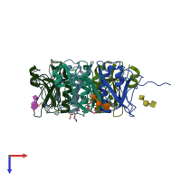 PDB entry 3dwq coloured by chain, top view.