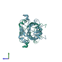 PDB entry 3dwv coloured by chain, side view.