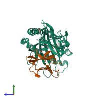 PDB entry 3dx7 coloured by chain, side view.