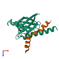 Hetero dimeric assembly 2 of PDB entry 3dxe coloured by chemically distinct molecules, top view.