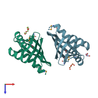 PDB entry 3dxo coloured by chain, top view.