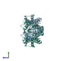 PDB entry 3dxq coloured by chain, side view.