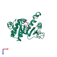 Monomeric assembly 1 of PDB entry 3dxy coloured by chemically distinct molecules, top view.