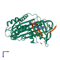 PDB entry 3dy0 coloured by chain, top view.